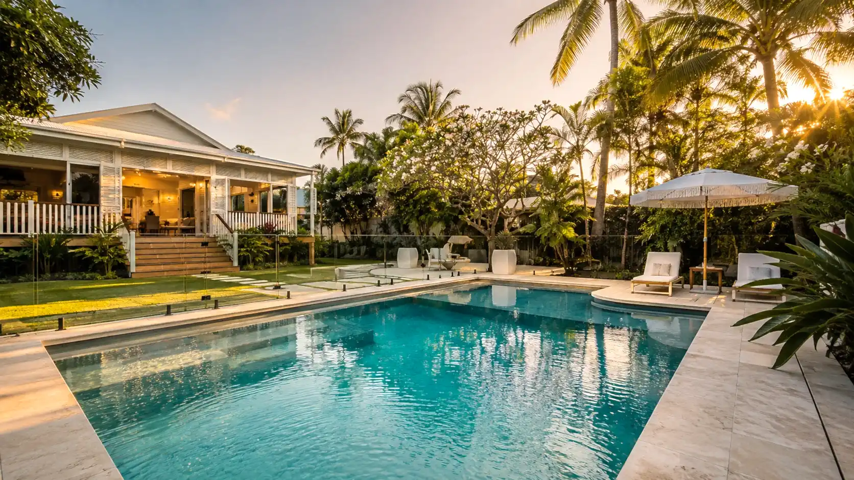Completed concrete swimming pool and landscaped backyard in South-East Queensland